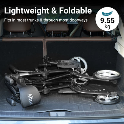 Foldable camping gear in a car trunk with text highlighting weight and portability.