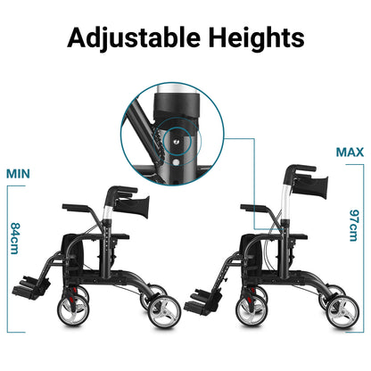 Adjustable height walker with measurement details on a white background