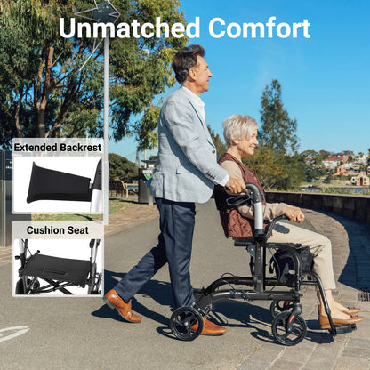 Man pushing a woman in a wheelchair with 'Unmatched Comfort' text and product features highlighted.