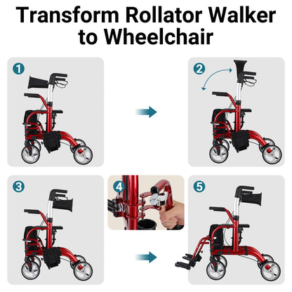 Step-by-step transformation of a rollator walker into a wheelchair with labeled arrows and images.