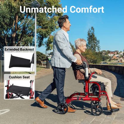 Man pushing a woman in a red rollator with 'Unmatched Comfort' text and product features.