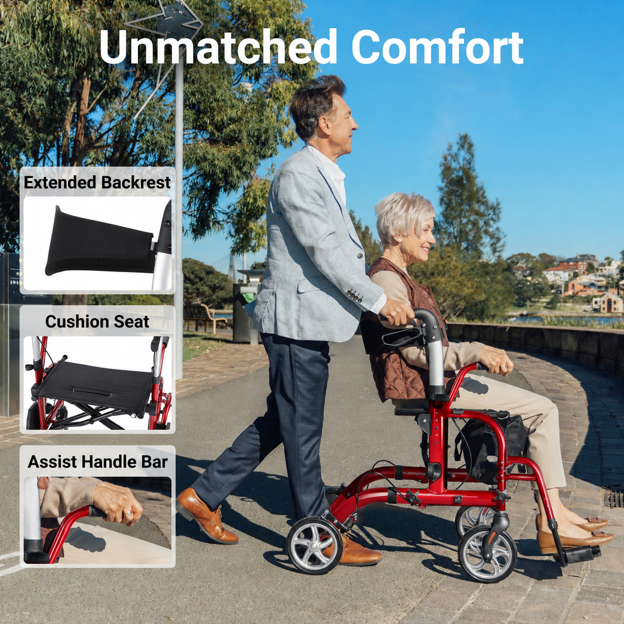 Man pushing a woman in a red mobility scooter with features highlighted on the left.