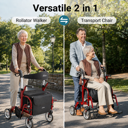 Two images showing a 2-in-1 rollator walker and transport chair being used by an elderly couple outdoors.