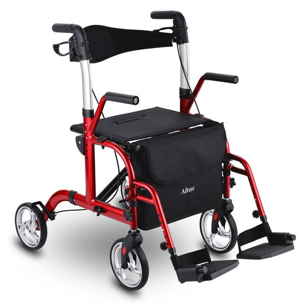 A red and black motorized rollator wheelchair with a black storage bag on the front, featuring a backrest, armrests, footrests, and four wheels, shown on a white background.