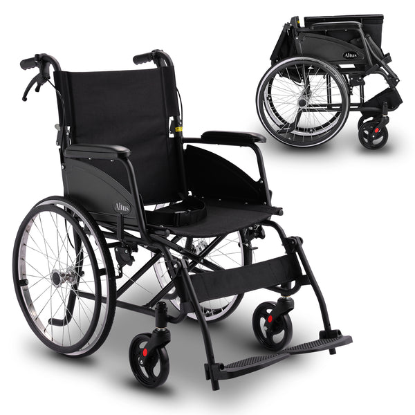 The Altus Self-Propelled Mobility Wheelchair features a sleek, minimalist black steel frame with a matching seat.Its timeless colour scheme suits both indoor and outdoor use. The sturdy build and fine details ensure long-lasting quality.