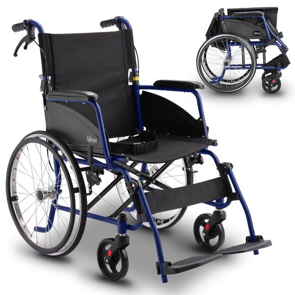 The Altus Self-Propelled Mobility Wheelchair features a sleek, minimalist blue steel frame with a matching seat.Its timeless colour scheme suits both indoor and outdoor use. The sturdy build and fine details ensure long-lasting quality.