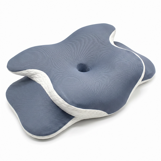 Two contoured neck pillows stacked on a clean white background. The pillows feature a textured slate blue top surface with a central depression and a white textured side border.