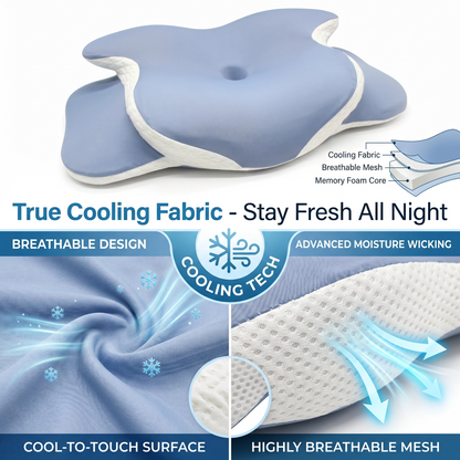 Cooling technology pillow in a light blue and white color combination, featuring a central cooling hole and a breathable mesh side. The image includes a technical diagram of the pillow layers and two lower panels demonstrating cooling fabric and breathable mesh features.