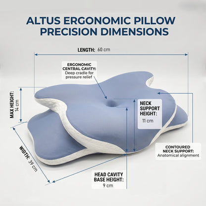Altus ergonomic pillow with labeled dimensions showing length 60 cm, width 39 cm, max height 14 cm, neck support height 11 cm, and head cavity base height 9 cm on a light gray background.