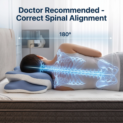 A person lying on a mattress with a blue and white pillow, overlaid with a glowing blue spine diagram and text reading 'Doctor Recommended - Correct Spinal Alignment' and '180°'.