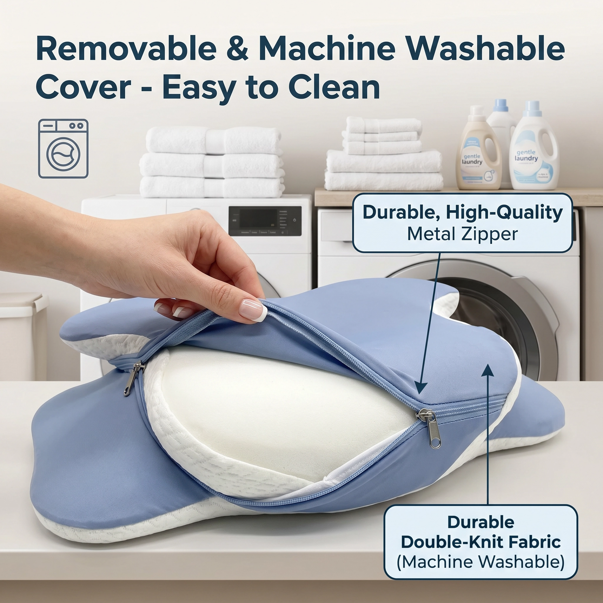 A light blue and white zippered pillow cover shown on a bed, with a hand opening the zipper. The background shows a clean laundry room with a washing machine and folded towels.