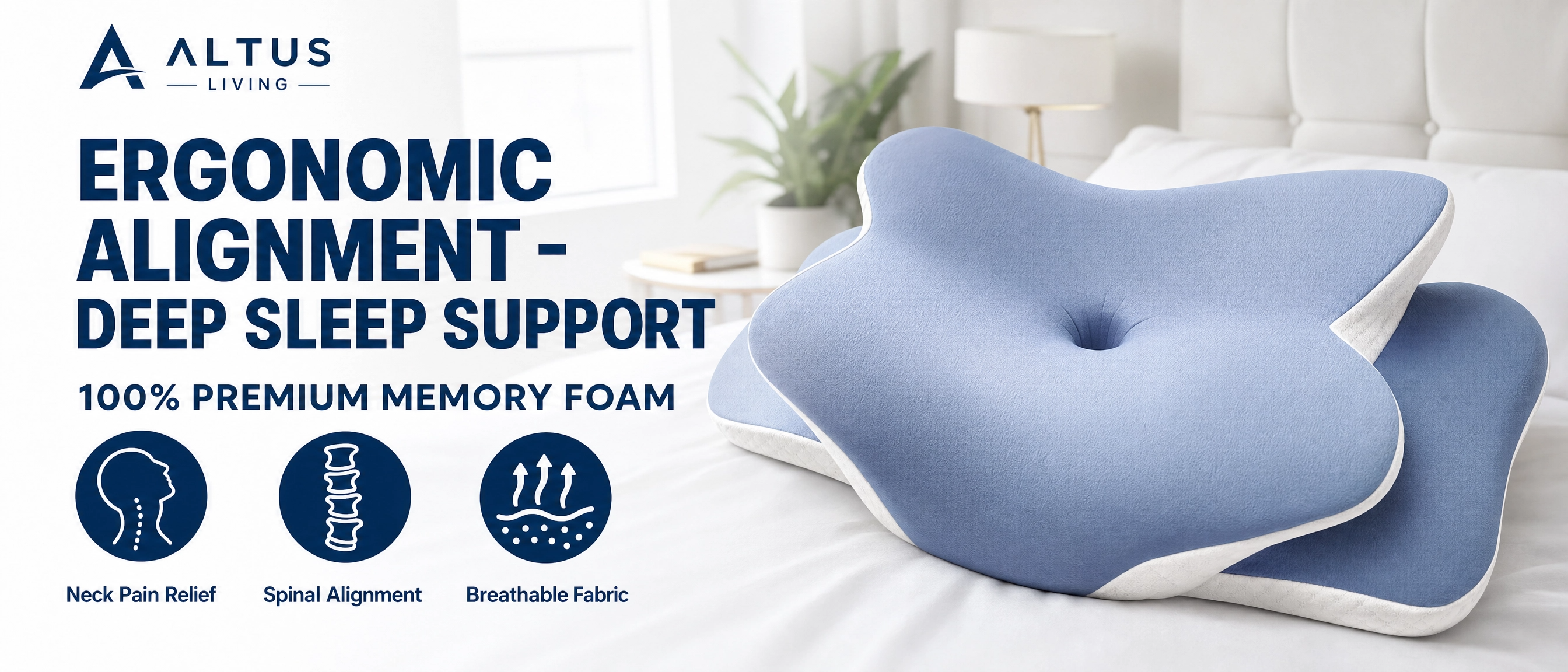 Two light blue ergonomic memory foam pillows shown on a bed in a bright bedroom setting, with large promotional text on the left reading 'ERGONOMIC ALIGNMENT - DEEP SLEEP SUPPORT' and the Altus Living brand logo at top left.