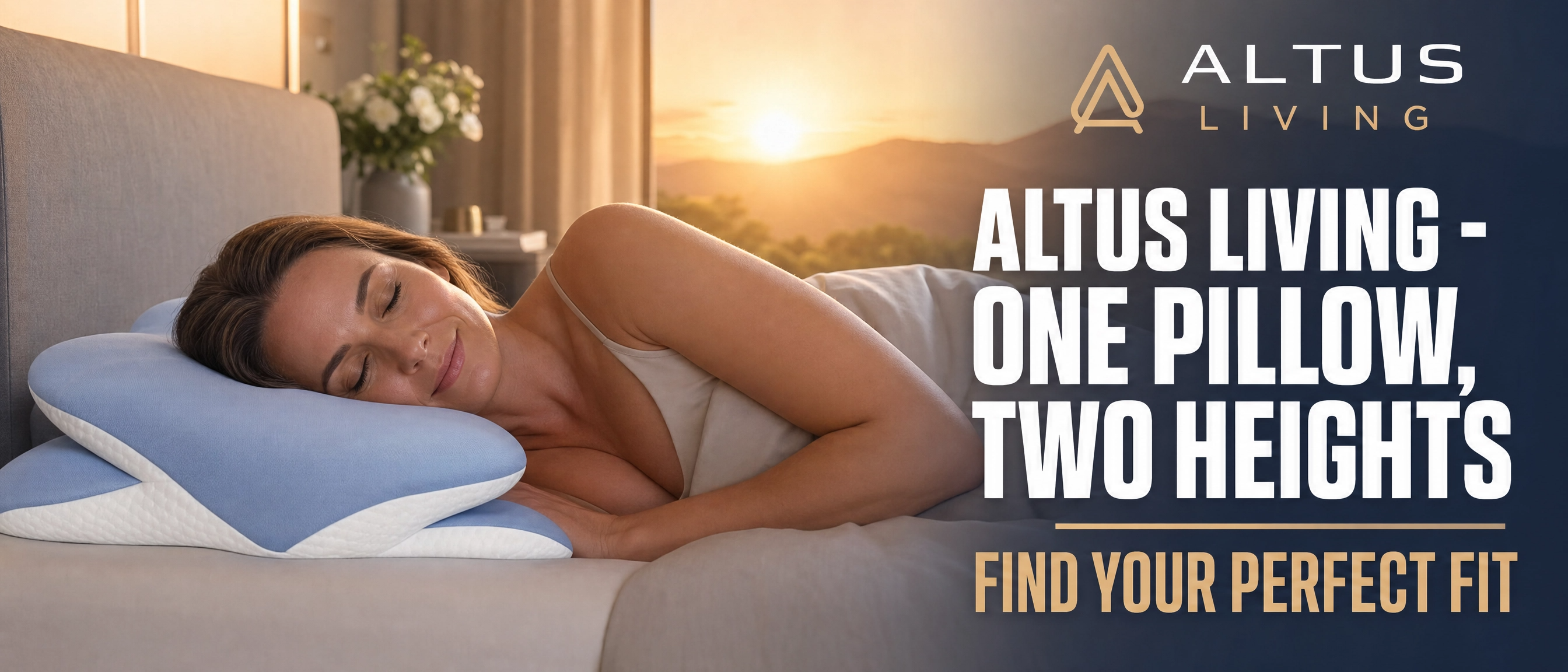 A woman sleeping peacefully on a two-height Altus Living pillow on a sofa, with a warm sunset background and the text 'ALTUS LIVING - ONE PILLOW, TWO HEIGHTS' on the right.