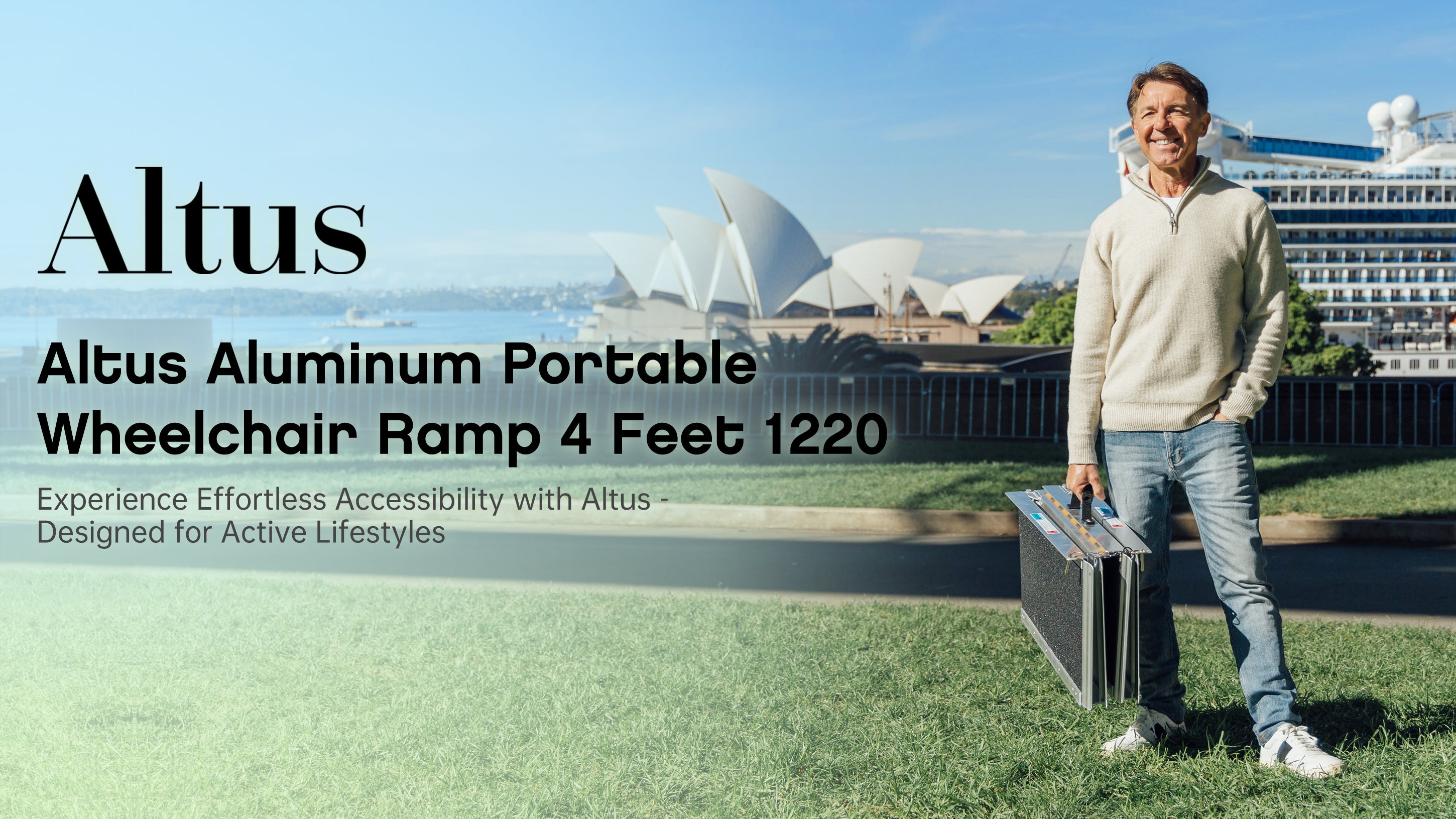 A senior man showcasing the Altus Aluminum Threshold Portable Wheelchair Ramp with a scenic background of iconic landmarks. The ramp’s portable design ensures it can be easily carried and set up for providing reliable access and independence.