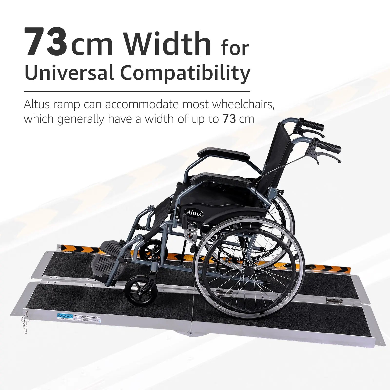 Wheelchair securely positioned on Altus Aluminum Ramp with 73 cm width for universal wheelchair compatibility.