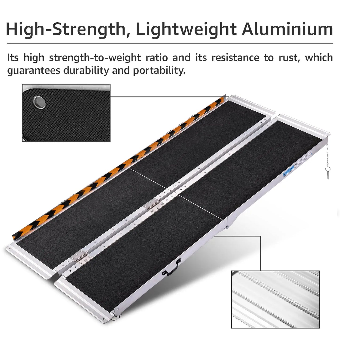 Close-up view of the Altus Wheelchair Ramp’s safety features, including sandpaper surface and reflective side stickers.