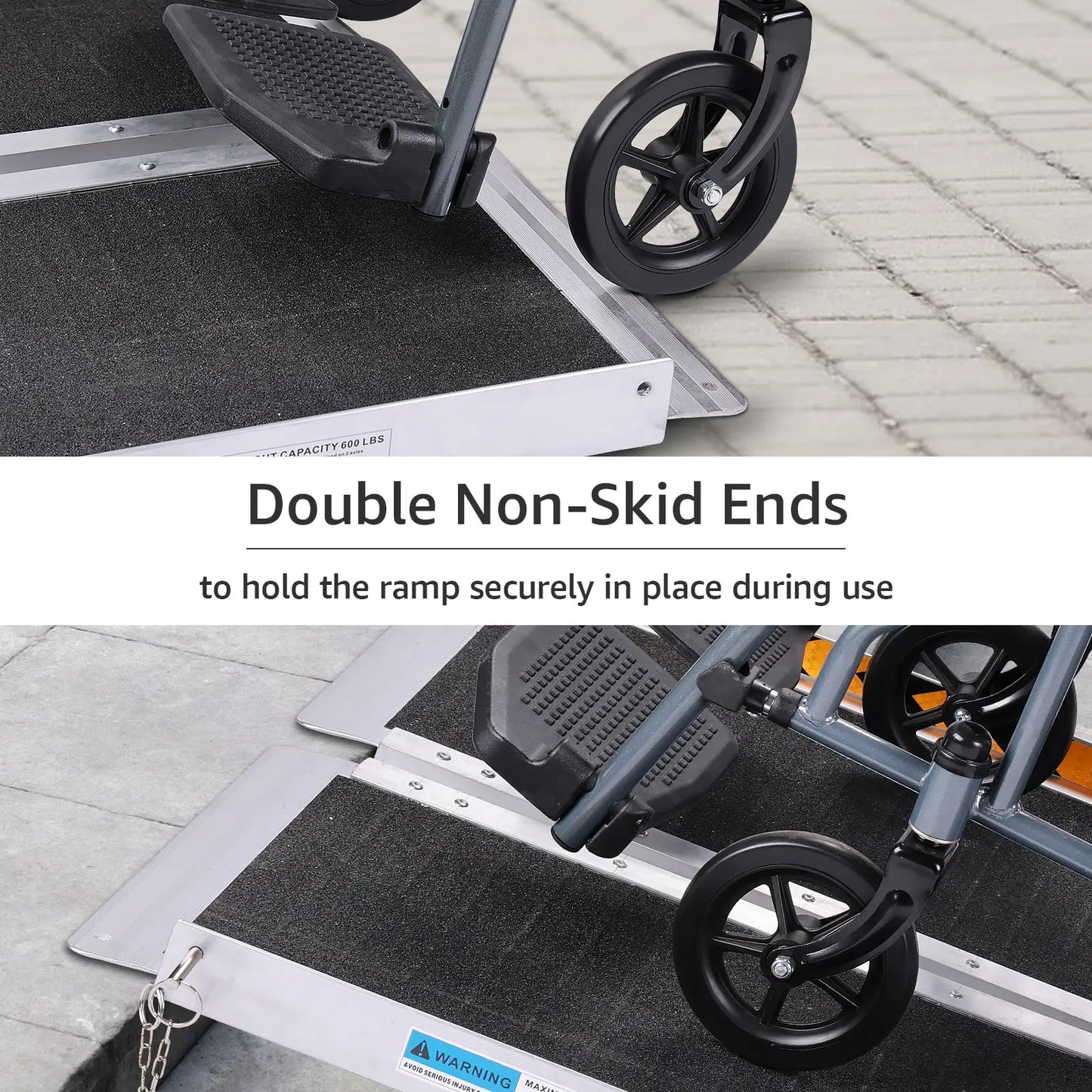 Wheelchair front wheel on Altus Ramp showcasing the double non-skid ends for secure placement and stability.