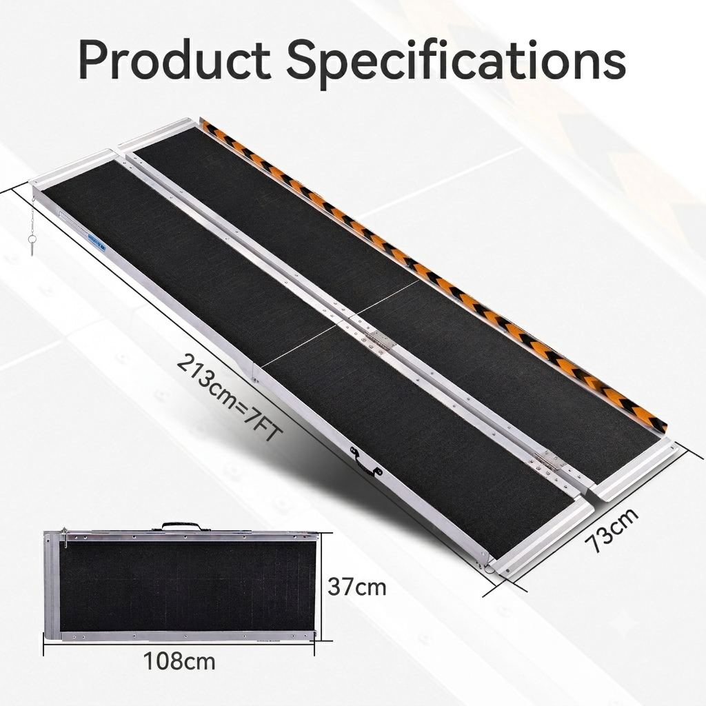 "Product Dimension Chart
Specification diagram displaying the 7ft folding wheelchair ramp dimensions with 213cm unfolded length 73cm width and compact 108cm by 37cm folded size data"
