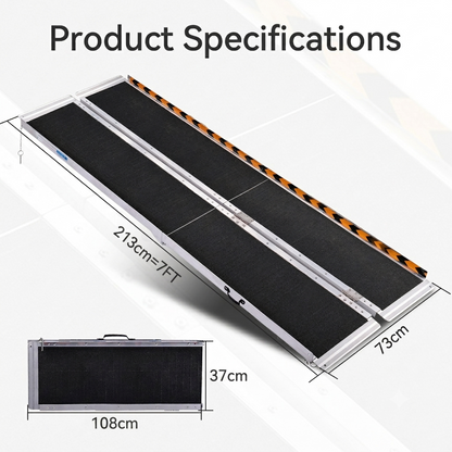 "Product Dimension Chart
Specification diagram displaying the 7ft folding wheelchair ramp dimensions with 213cm unfolded length 73cm width and compact 108cm by 37cm folded size data"