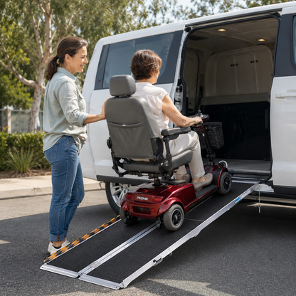 Altus 213CM 7FT aluminium folding wheelchair scooter ramp being used to load a mobility scooter into a white van, assisting elderly independence with an anti-slip portable ramp.