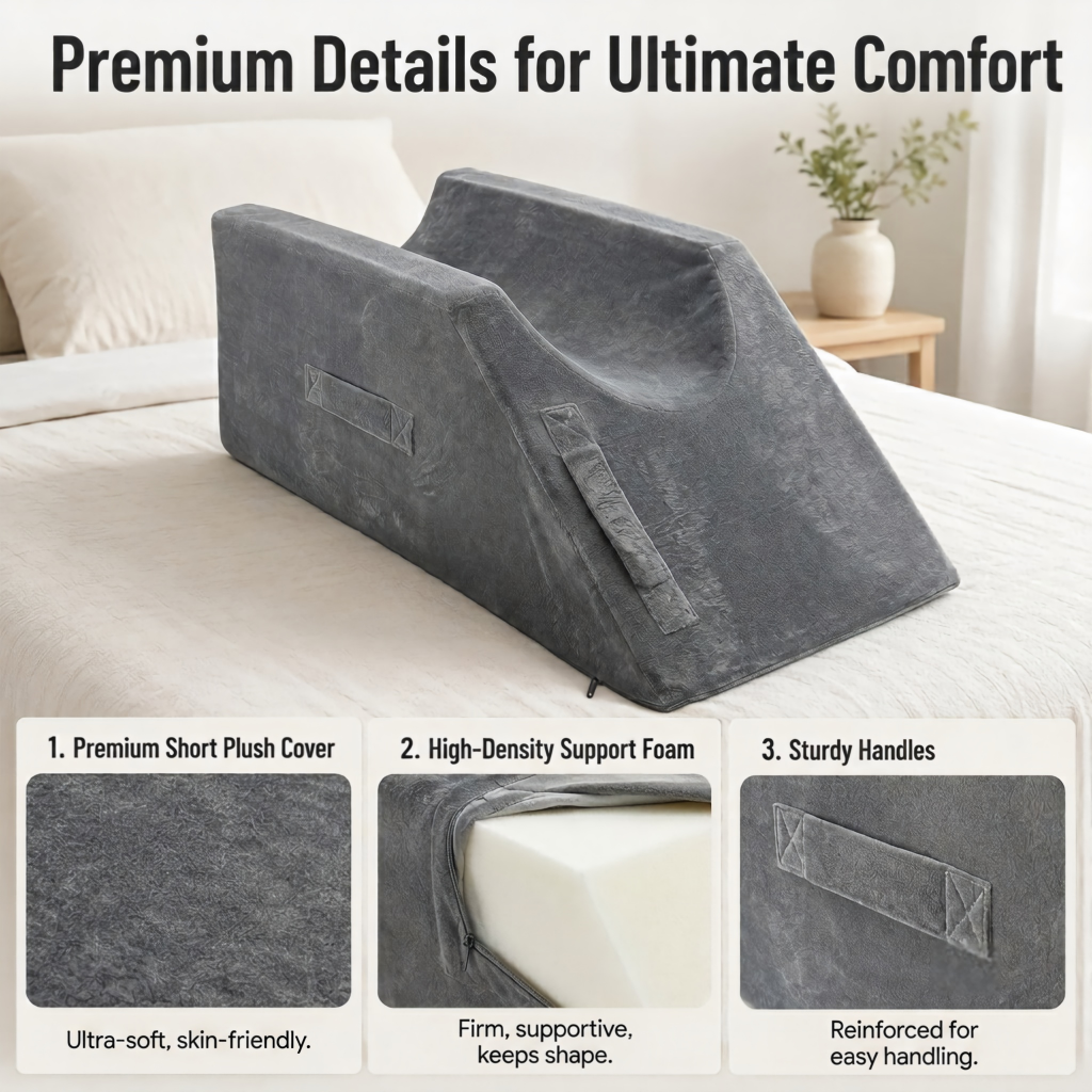 Dark gray wedge bed pillow shown on a bed in a bedroom setting, with text at the top reading 'Premium Details for Ultimate Comfort' and three feature callout panels at the bottom describing the plush cover, support foam, and sturdy handles.