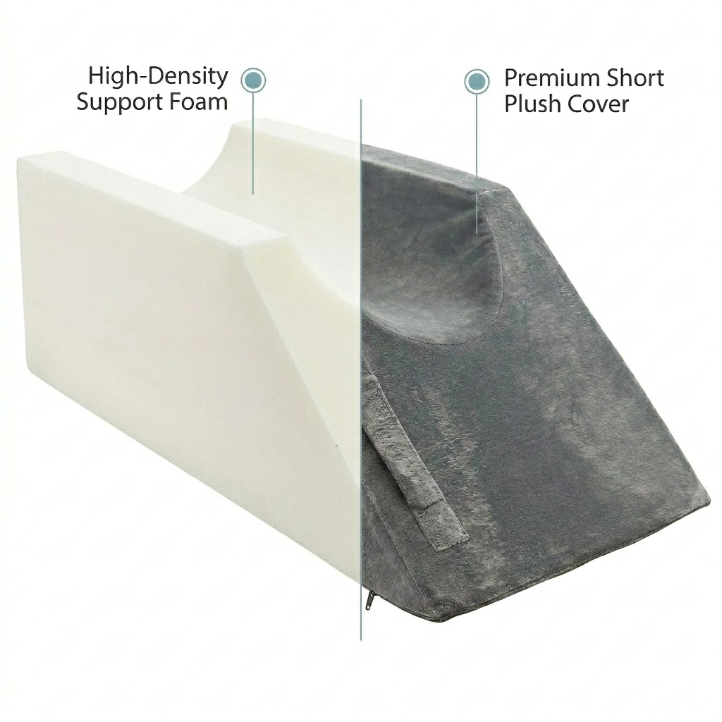 An orthopedic pillow shown on a white background with callout text reading 'High-Density Support Foam' pointing to the off-white inner support layer and 'Premium Short Plush Cover' pointing to the dark gray outer cover.