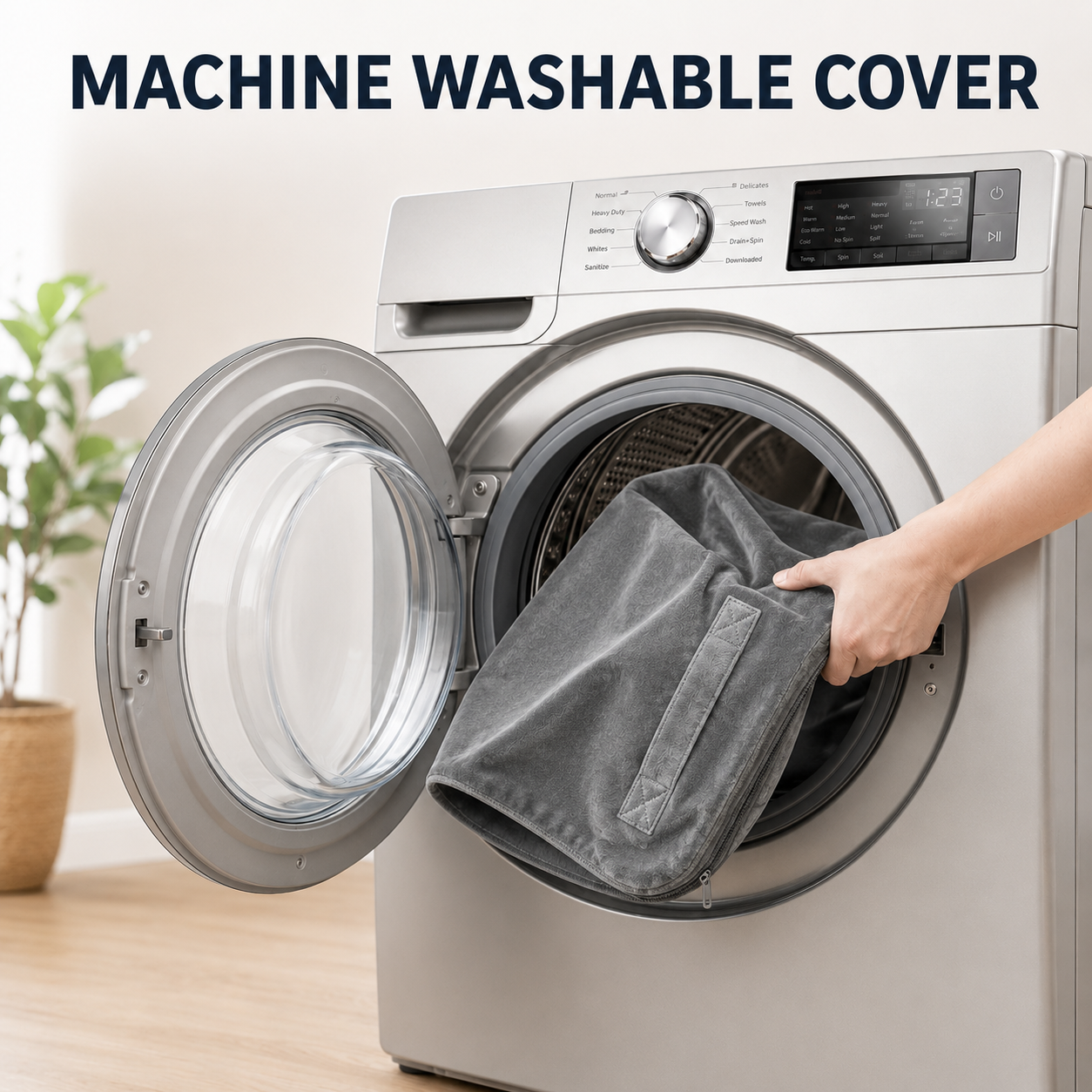 A front-loading washing machine with the door open, showing a gray fabric cover being held inside by a person's hand. Large text at the top reads 'MACHINE WASHABLE COVER.