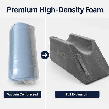 A split comparison showing a rolled light blue foam pad vacuum compressed on the left and the same foam pad fully expanded into a wedge-shaped support cushion on the right, with text labels 'Vacuum Compressed' and 'Full Expansion' under a heading 'Premium High-Density Foam'.