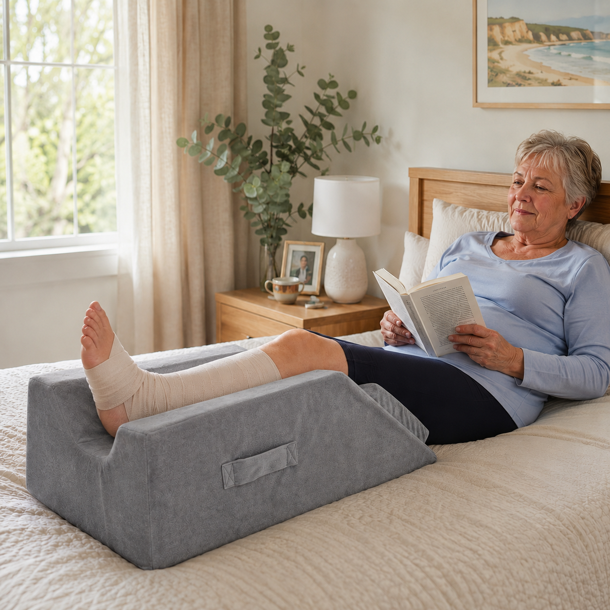 An older woman reclining on a bed with one foot resting on a gray wedge-shaped leg support pillow, reading a book in a softly lit bedroom.