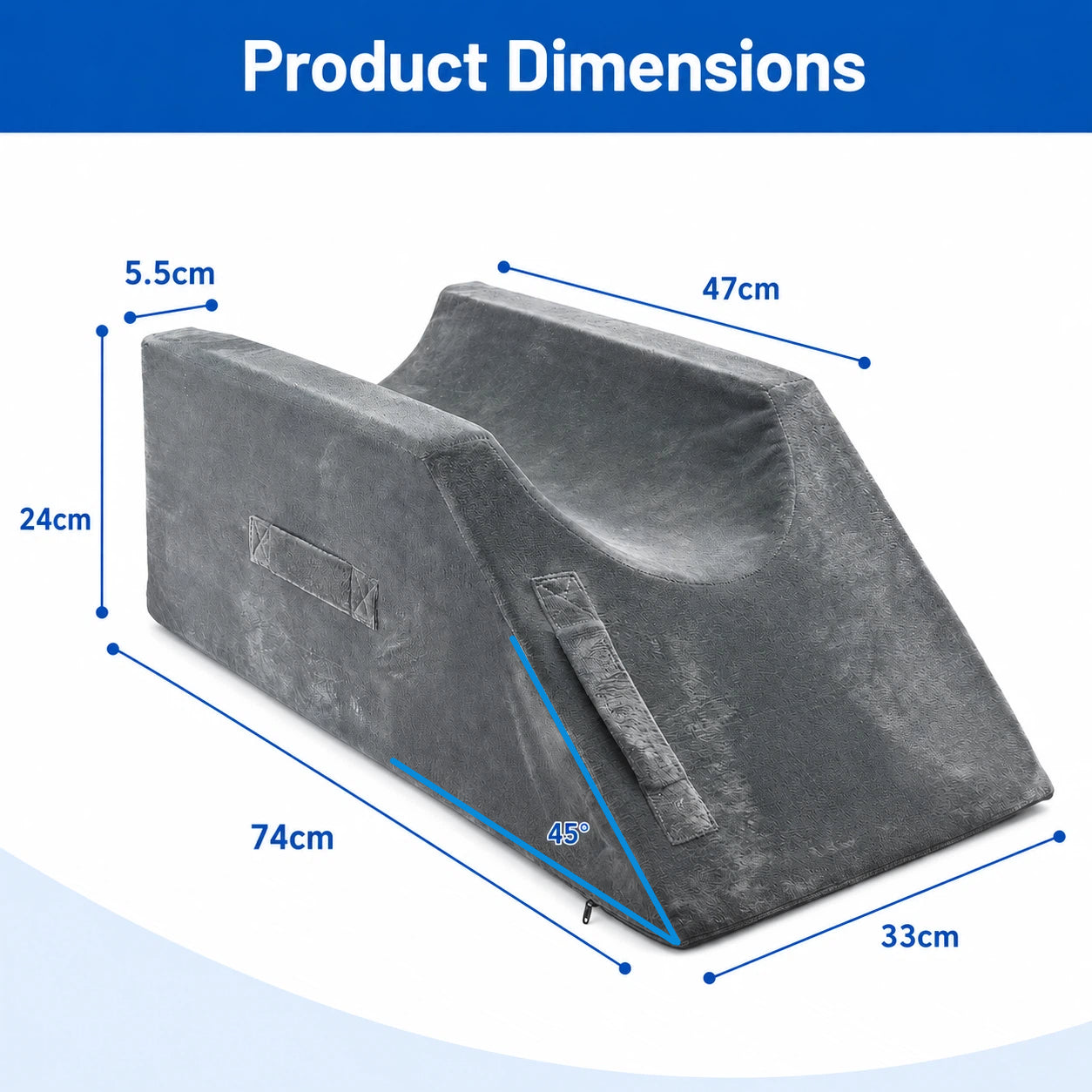Product dimensions diagram of a dark gray wedge-shaped support cushion with blue measurement lines and labels showing height, width, and depth on a white background with a blue header reading Product Dimensions.