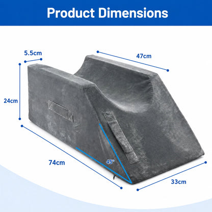 Product dimensions diagram of a dark gray wedge-shaped support cushion with blue measurement lines and labels showing height, width, and depth on a white background with a blue header reading Product Dimensions.