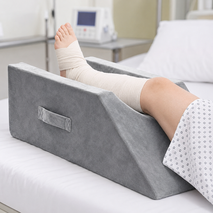 A person lying on a hospital bed with a bandaged lower leg and foot resting on a gray wedge-shaped hospital bed support pillow.