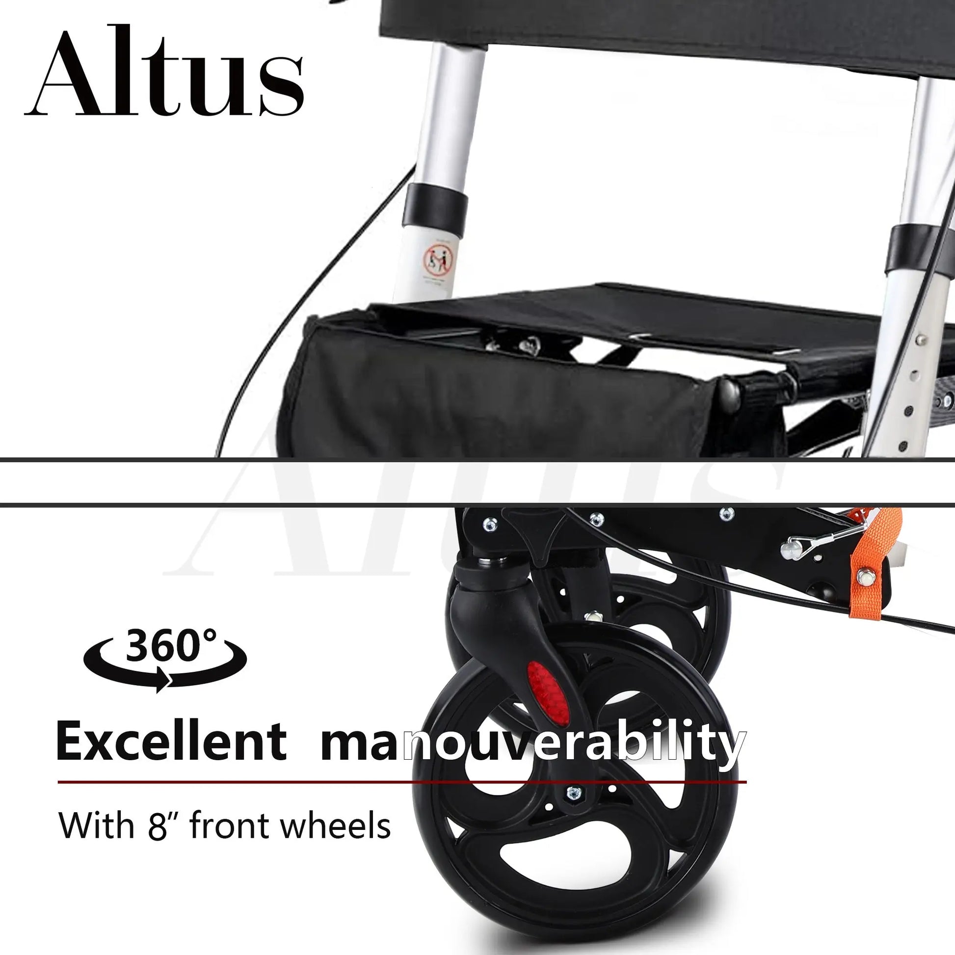 Altus rollator with carbon fiber handle bracket and 8-inch front wheels, providing excellent maneuverability and easy storage for elderly users.