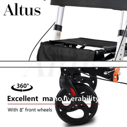Altus rollator with carbon fiber handle bracket and 8-inch front wheels, providing excellent maneuverability and easy storage for elderly users.