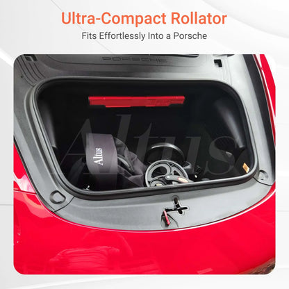Altus rollator in a folded position for compact storage, showcasing its easy folding mechanism for portability and space-saving.