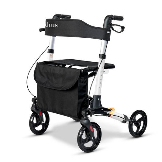 Lightweight rollator with large storage bag, padded backrest, and ergonomic handles.