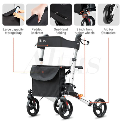 Altus Rolling Walker Mobility Aid Rollator with Seat Padded Armrest Backrest Euro Walker Silver myaltus