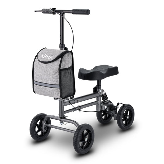 Altus Mobility Knee Walker with padded knee rest and storage bag, designed for people recovering from foot, ankle, or leg injuries