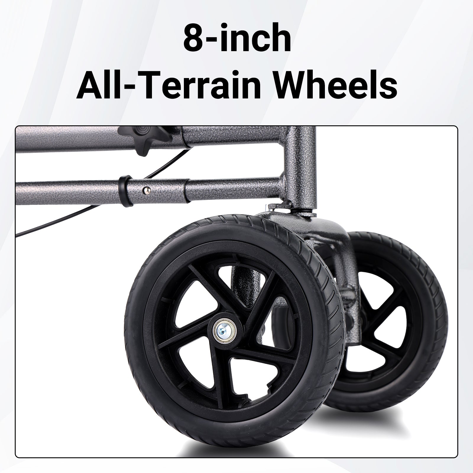 Durable 8-inch all-terrain wheels on the Altus Knee Scooter, suitable for both indoor and outdoor surfaces