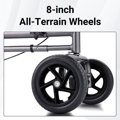 Durable 8-inch all-terrain wheels on the Altus Knee Scooter, suitable for both indoor and outdoor surfaces