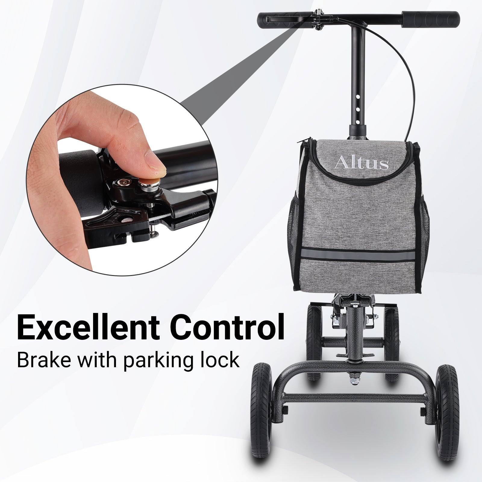 Altus Knee Walker with secure hand brake and parking lock, providing excellent control and safety during use