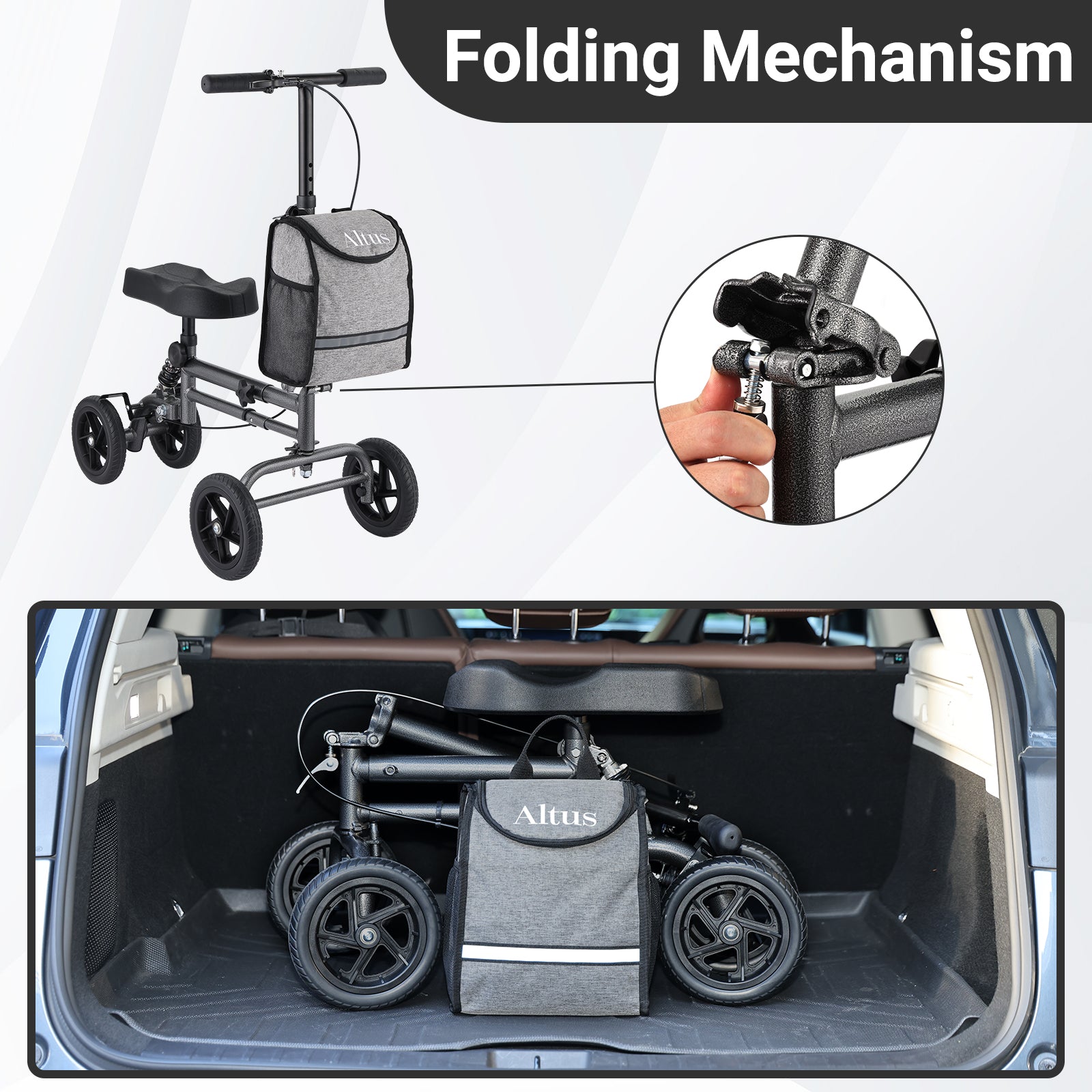 Altus Foldable Knee Walker shown folded and stored in car trunk, lightweight and travel-friendly for easy transport
