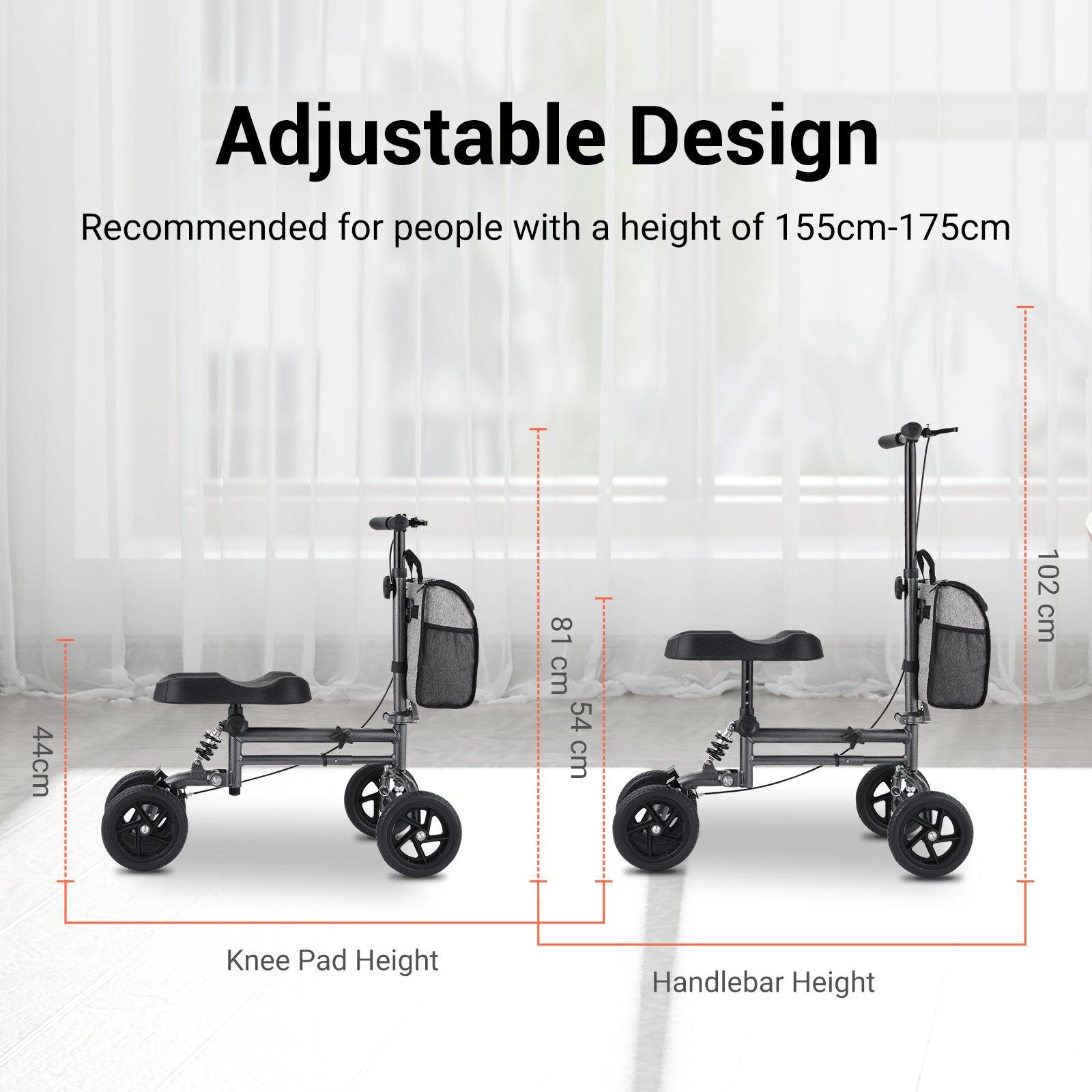 Altus Knee Walker adjustable design suitable for users between 155cm to 175cm, customizable handlebar and knee pad height