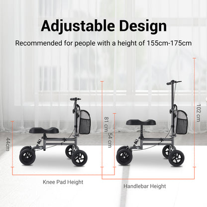 Altus Knee Walker adjustable design suitable for users between 155cm to 175cm, customizable handlebar and knee pad height