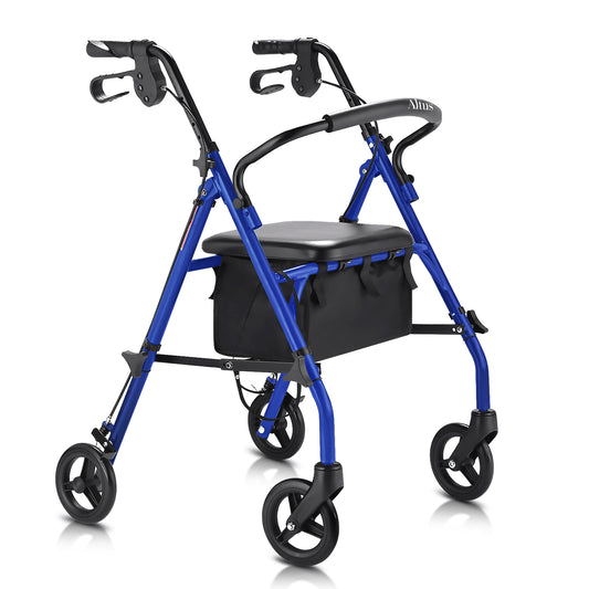 Blue and black walker with seat on a white background