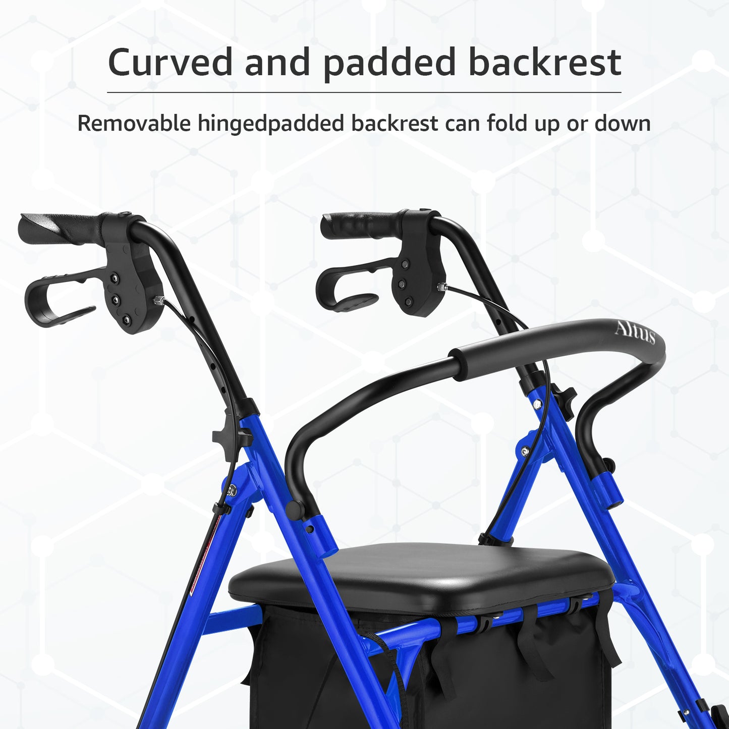 Blue walker with a black seat and handlebar on a white background