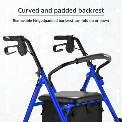 Blue walker with a black seat and handlebar on a white background