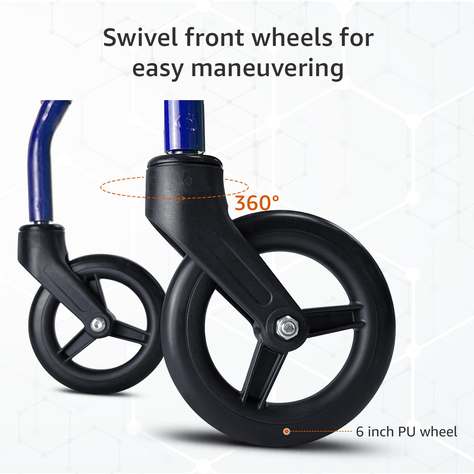 Swivel front wheels with 360-degree rotation for easy maneuvering on a white background