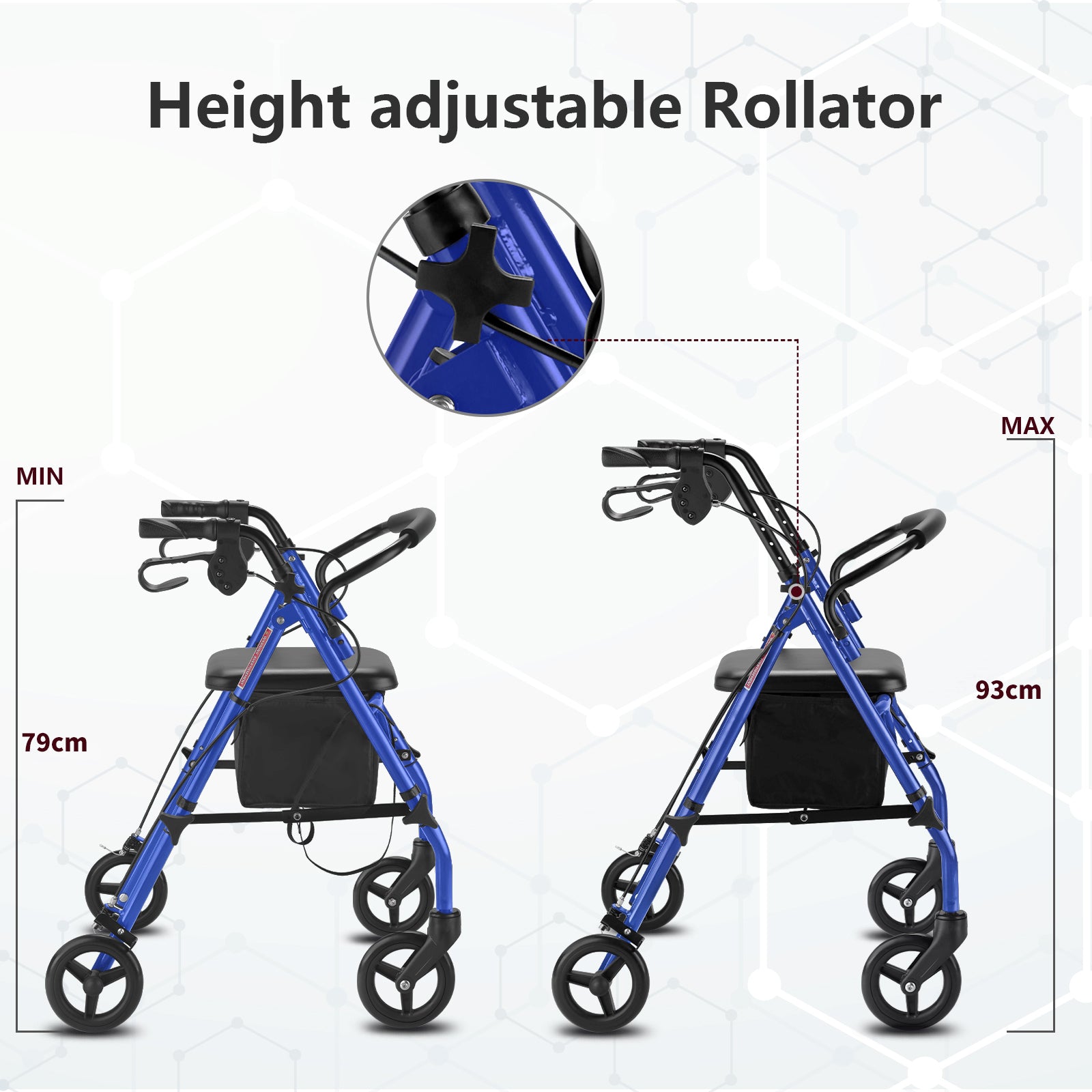 Blue height-adjustable rollator with measurement indicators on a white background