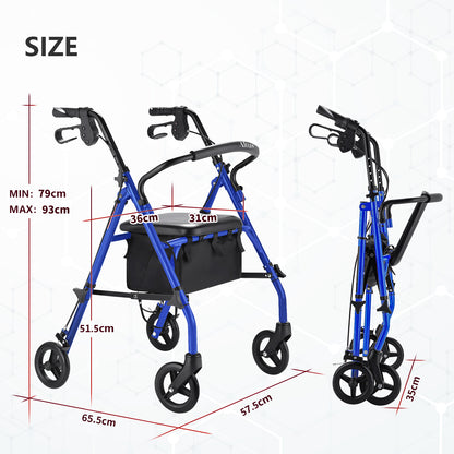 Blue walker with dimensions labeled on a white background